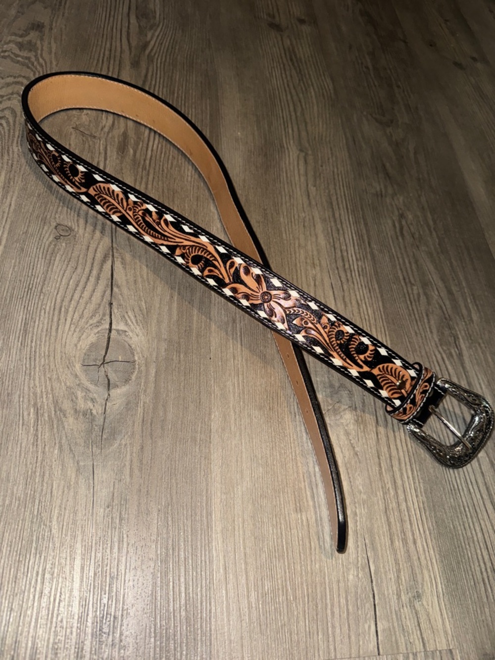 Tooled Leather Floral Western Belt - Tan & Black